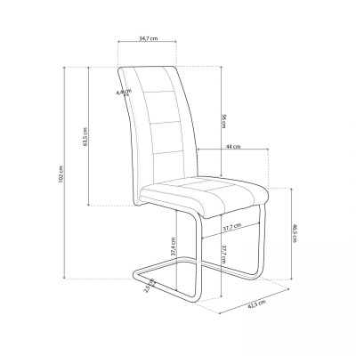 Cadeira branca estofada com estrutura cromada e medidas anotadas