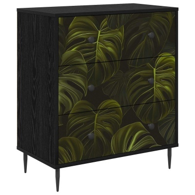 Cômoda preta com padrão de folhas verdes nas gavetas