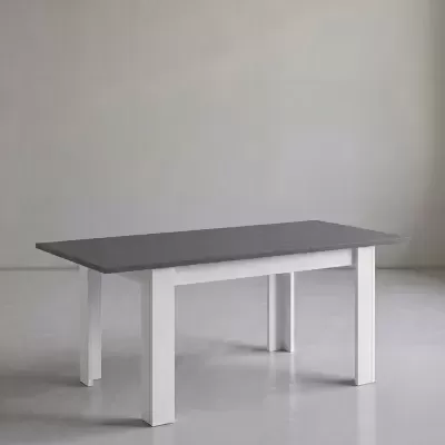 Mesa de jantar retangular com tampo cinza e pernas brancas