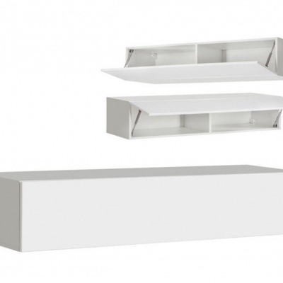 Conjunto de módulos de armazenamento branco com portas basculantes abertas e fechadas