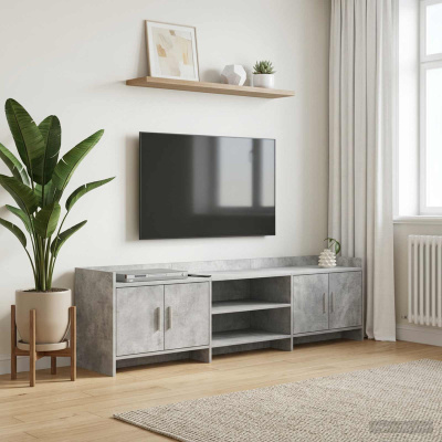 Estante para televisão cinza com planta e prateleira de madeira