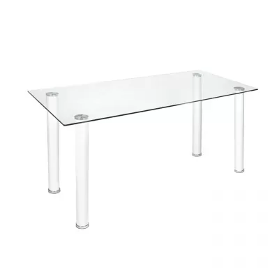 Mesa de vidro com pés cilíndricos brancos.
