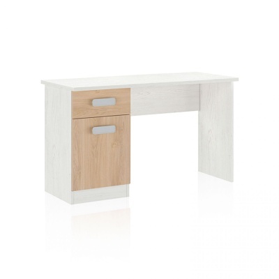 Secretária em madeira branca com compartimento castanho e puxadores cinzentos