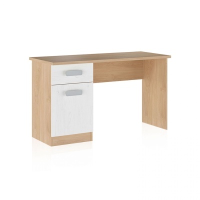 Secretária de escritório em madeira clara com gaveta e porta brancas