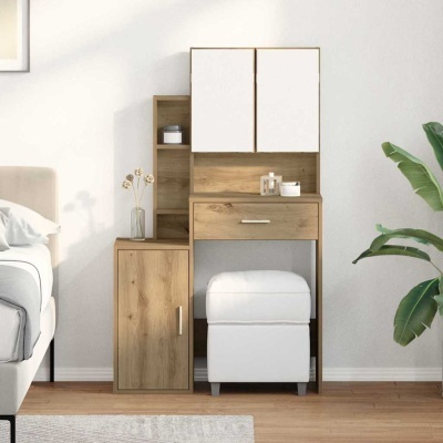 Móvel de quarto em madeira clara com portas e gaveta e puff branco