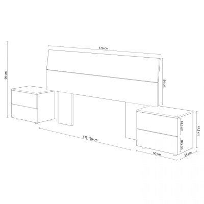 Desenho técnico de cabeceira de cama com mesas de cabeceira e medidas
