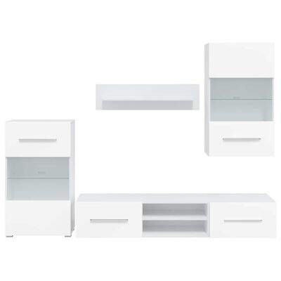 Conjunto branco de móveis para sala com estante baixa, vitrine com vidro e prateleira de parede