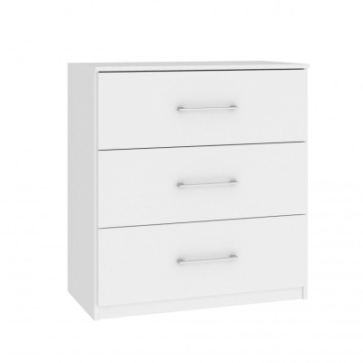 Cómoda branca de três gavetas com puxadores metálicos