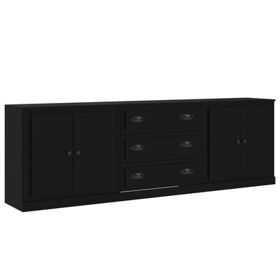Móvel de madeira preto com duas portas e três gavetas no centro com puxadores metálicos