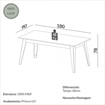Mesa retangular MDF acabamento pintura UV dimensões 180x90x78 cm