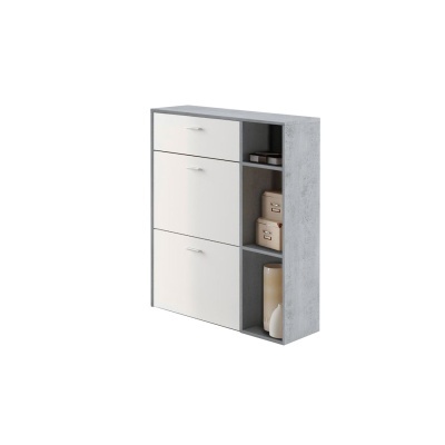 Aparador cinzento com portas brancas e prateleiras abertas com caixas e decoração