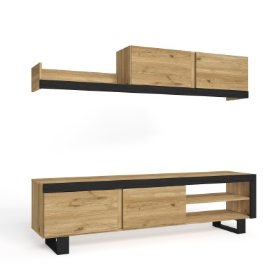 Conjunto de móveis para televisão em madeira clara e preto com armário baixo e estante alta suspensa.