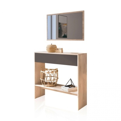 Consola de madeira clara com gaveta cinza e espelho rectangular com moldura em madeira