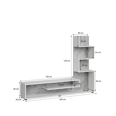 Estante branca em forma de L com fundo cinza texturizado e várias prateleiras abertas, com medidas indicadas.