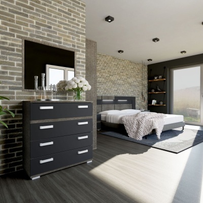 Quarto moderno com cómoda preta e cama com cabeceira preta