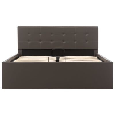 Cama estofada castanha escura com cabeceira almofadada e ripas de madeira