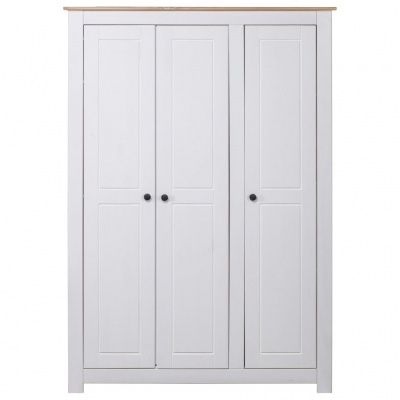 Armário branco de madeira com três portas e tampo de madeira natural