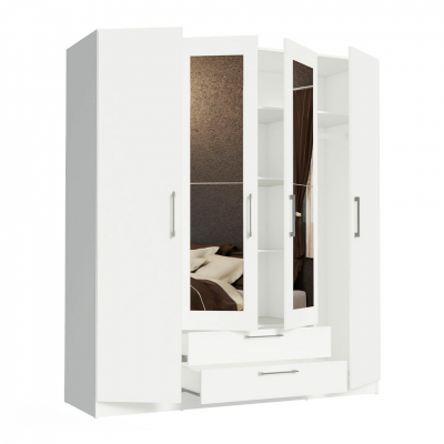 Roupeiro branco de madeira com quatro portas e espelhos