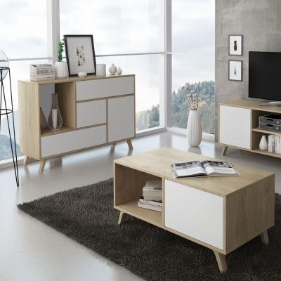 Móveis de sala modernos em madeira clara e branco com acessórios decorativos num ambiente luminoso e espaçoso