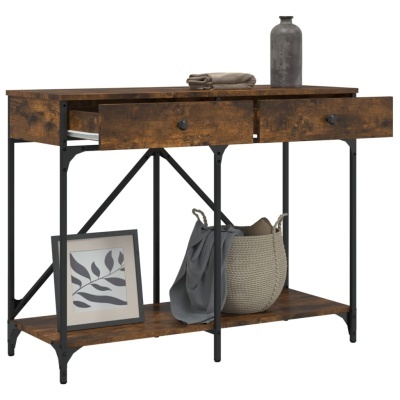 Consola industrial com gavetas e decoração em madeira castanha e metal preto.