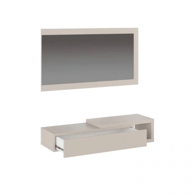 Móvel cinza claro para TV com gaveta aberta e espelho retangular suspenso