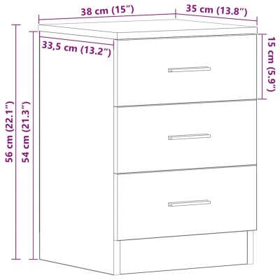 Desenho técnico de cómoda com três gavetas com dimensões em cm e polegadas