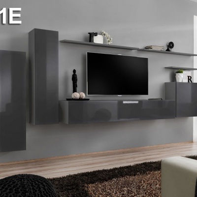 Móveis de sala de estar cinza suspensos com televisão na parede