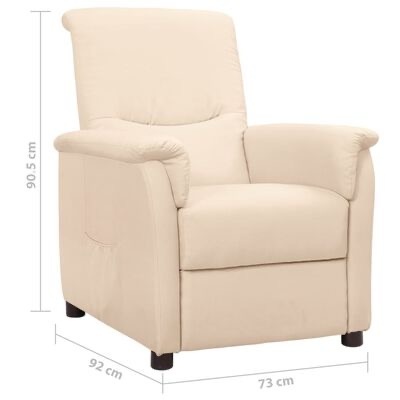 Poltrona reclinável cor bege com braços acolchoados e pés em madeira escura