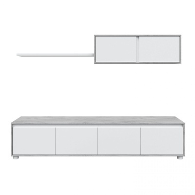 Móvel de TV branco com tampo cinza e prateleira suspensa branca minimalista