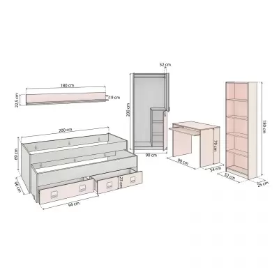 Conjunto de mobília em madeira clara com cama, estante, armário, secretária e outras prateleiras