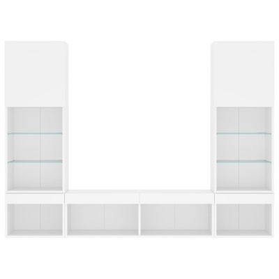 Conjunto modular de móveis de sala de estar brancos com prateleiras de vidro e compartimentos abertos