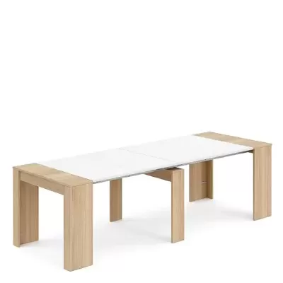 Mesa extensível com laterais em madeira clara e tampo branco