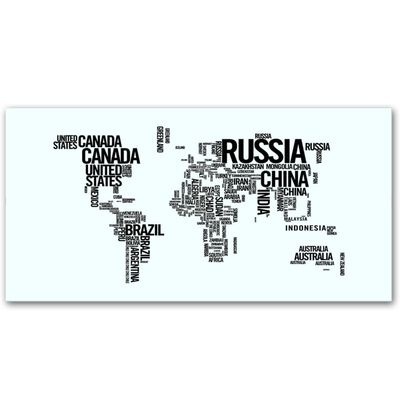 Mapa-múndi com nomes de países em letras maiúsculas e diferentes tamanhos em preto sobre fundo branco