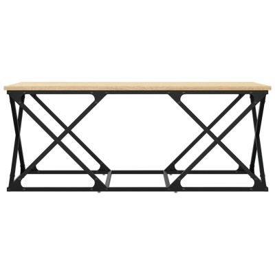 Mesa com tampo de madeira clara e base metálica preta com design em X