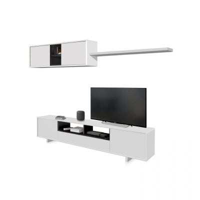 Móveis brancos para sala com televisão preta em fundo branco