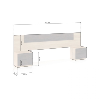 Móvel de madeira claro com gavetas cinzentas e painel cinzento