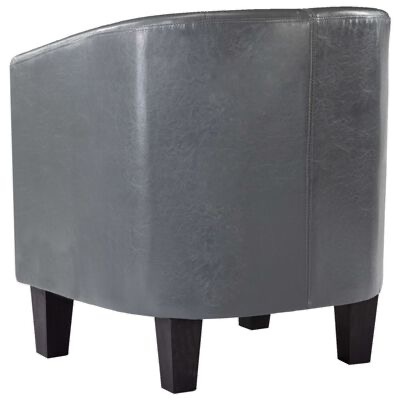 Poltrona cinzenta escura de material tipo couro com pernas de madeira escuras