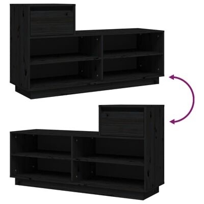 Móvel de madeira preta com prateleiras abertas e porta numa configuração reversível