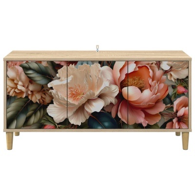 Móvel com duas portas decoradas com padrão floral em tons claros e escuros.