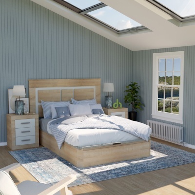 Quarto moderno com cama de madeira clara e decoração em azul claro e cinza