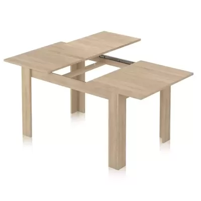Mesa extensível de madeira clara com quatro pernas retas
