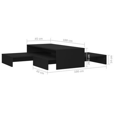 Mesa de centro preta com compartimentos deslizantes e dimensões indicadas.