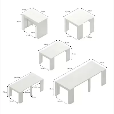 Mesa branca extensível com várias configurações de tamanho