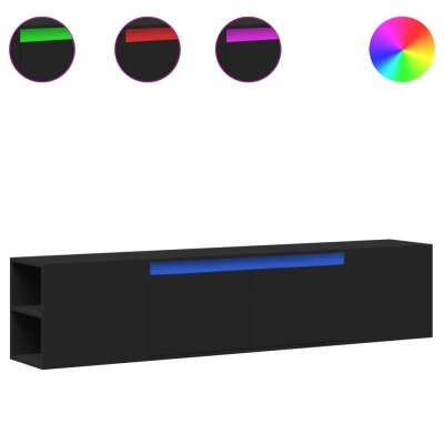 Móvel TV preto com detalhe azul e prateleiras abertas nas extremidades