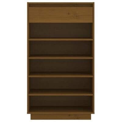 Estante de madeira castanha com gaveta e prateleiras abertas