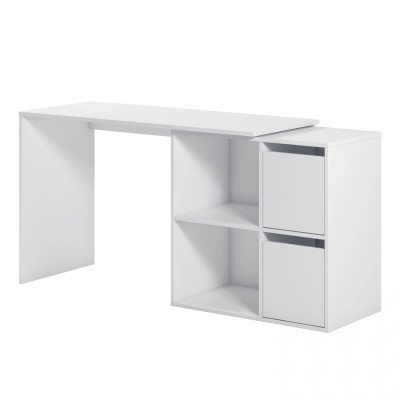 Mesa de escritório branca com gavetas e prateleiras