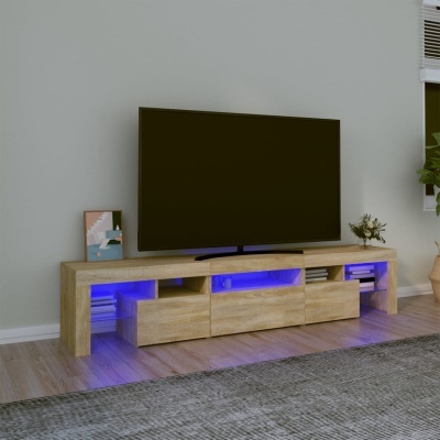 Móvel TV em madeira clara com iluminação azul e televisor preto