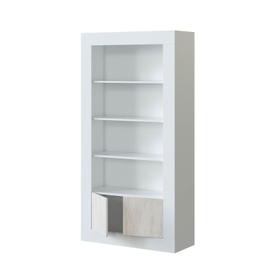 Estante branca com prateleiras e armário em madeira clara