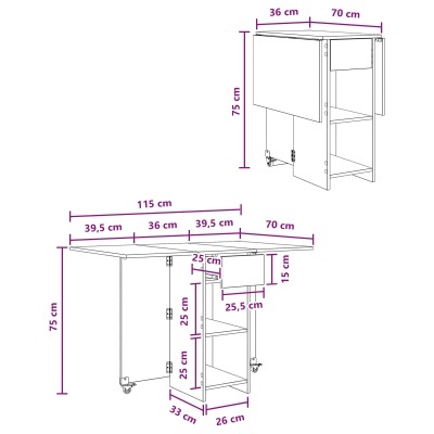Desenho técnico de mesa dobrável branca com dimensões em centímetros.
