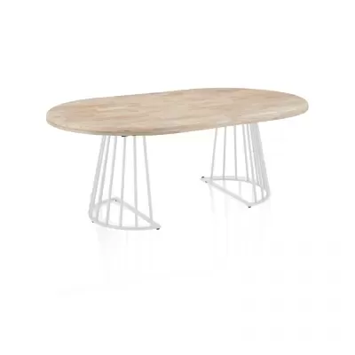 Mesa oval madeira clara com base branca de metal